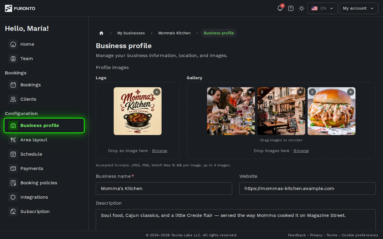Sidebar with business profile highlighted