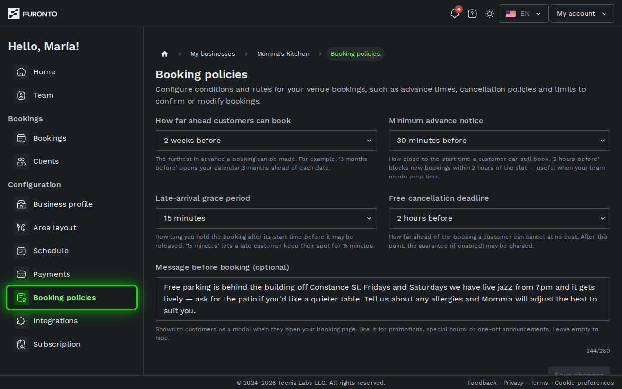 Sidebar with Booking policies highlighted