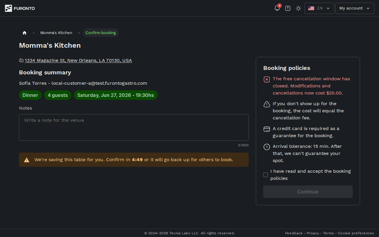 Confirm page with the booking summary on the left and the policies card on the right
