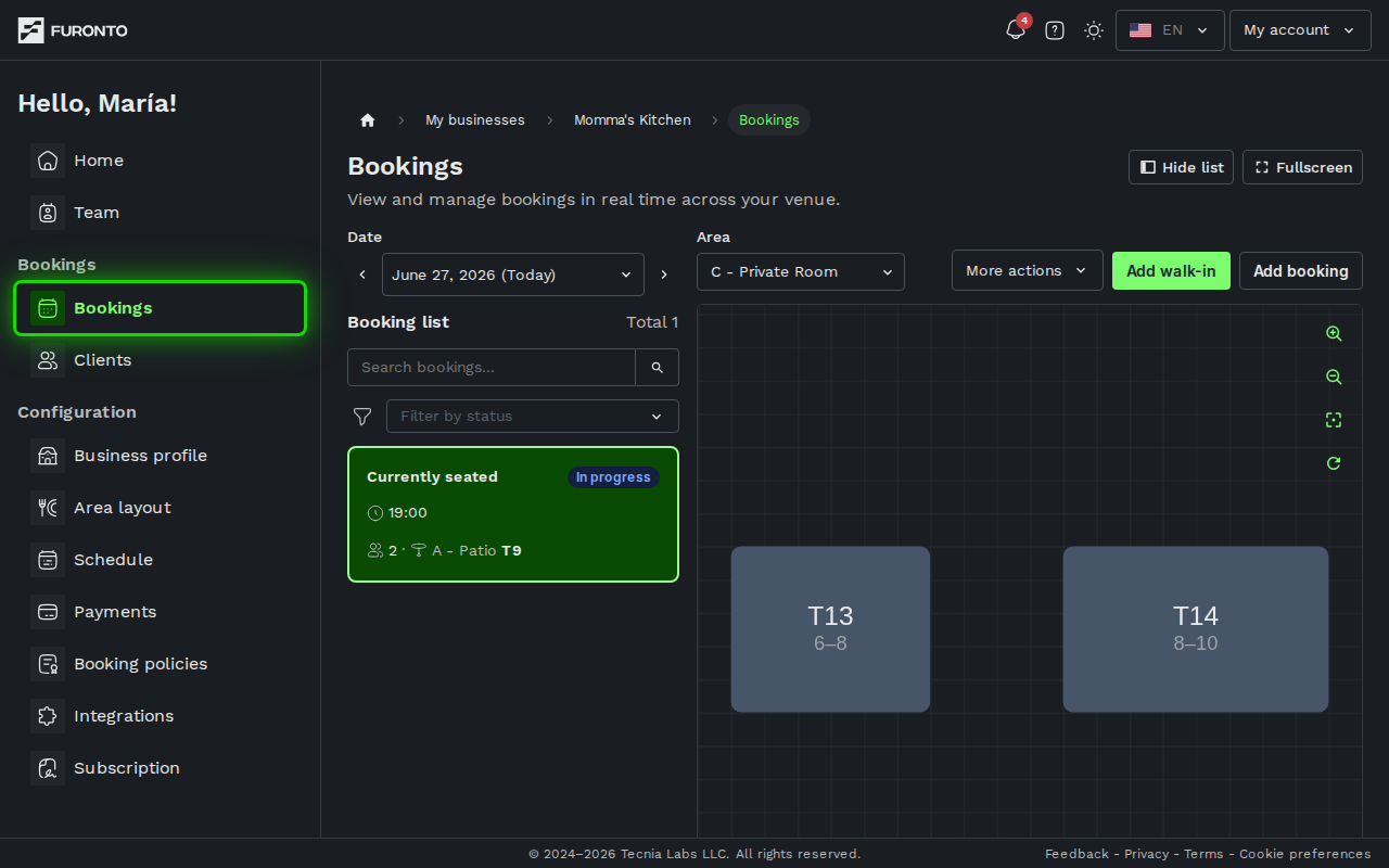 Sidebar with Bookings highlighted
