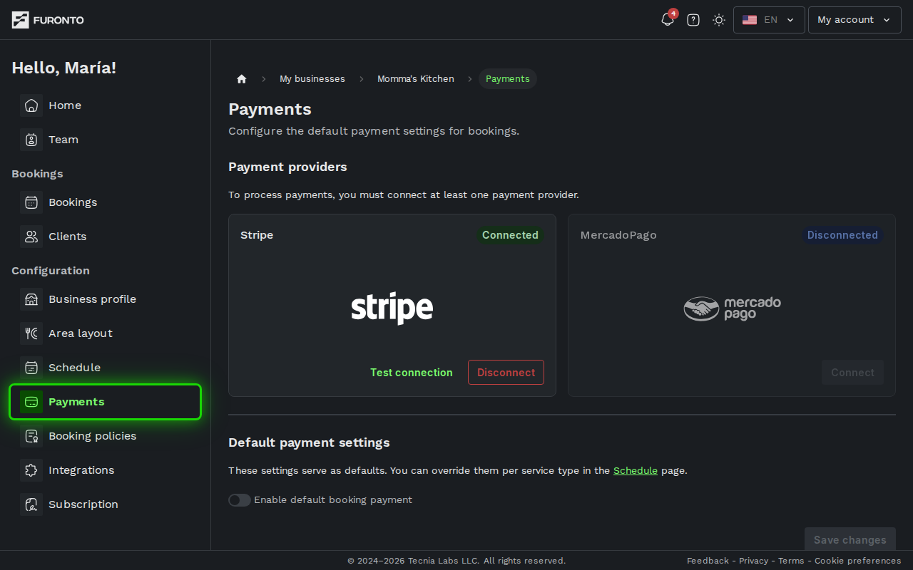 Sidebar with Payments highlighted