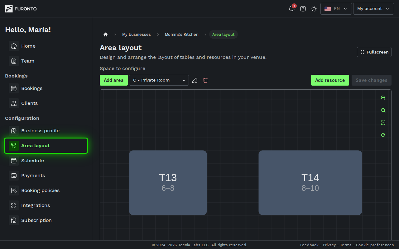 Sidebar with Area layout highlighted