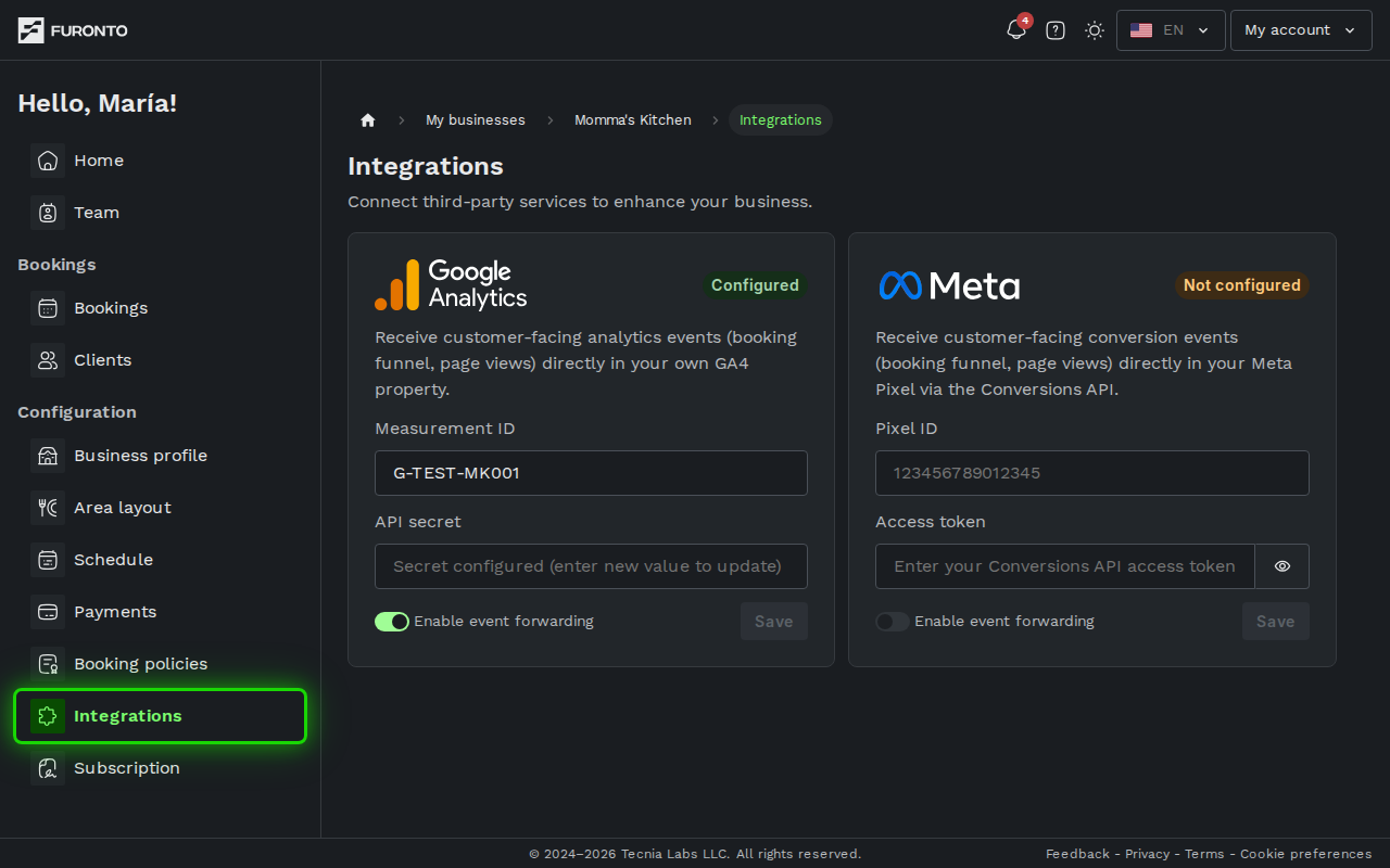 Sidebar with the integrations option highlighted