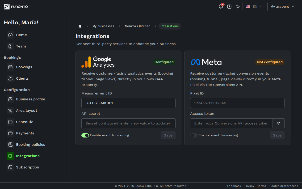 Integrations page overview with Google Analytics and Meta Pixel cards