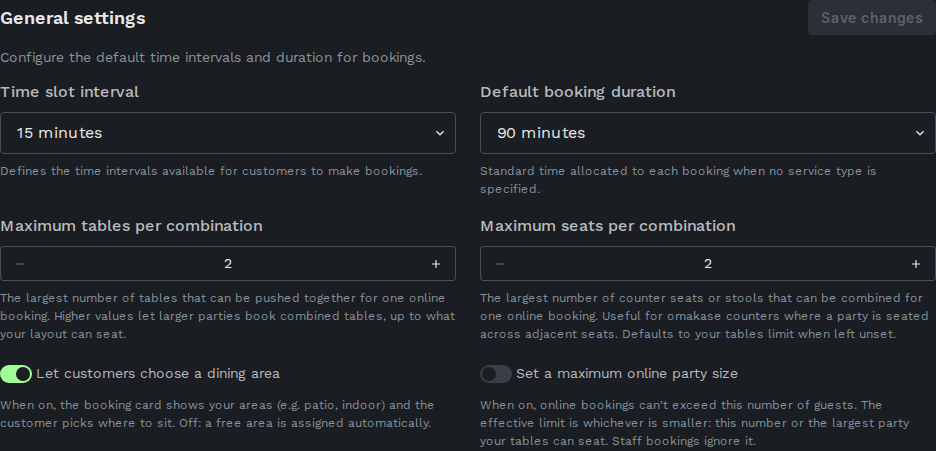 General settings section with slot interval and duration