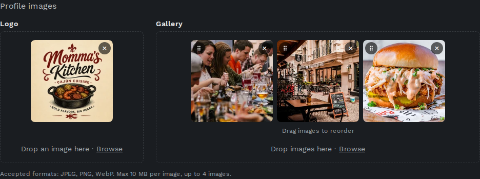 Profile images section with logo and gallery