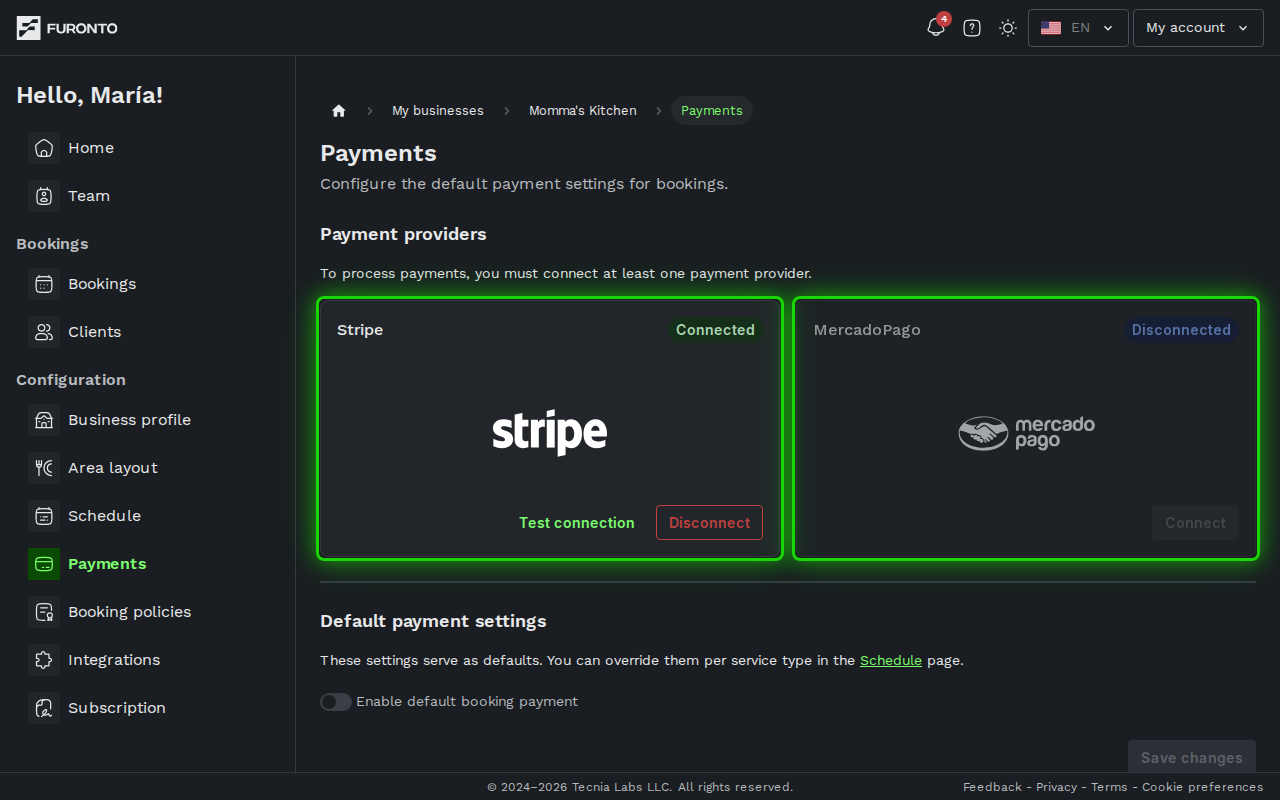 Payment provider cards with Stripe and Mercado Pago options
