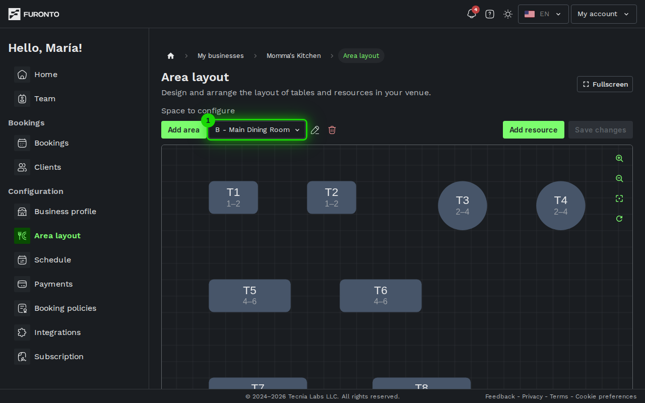Area selector dropdown with options visible