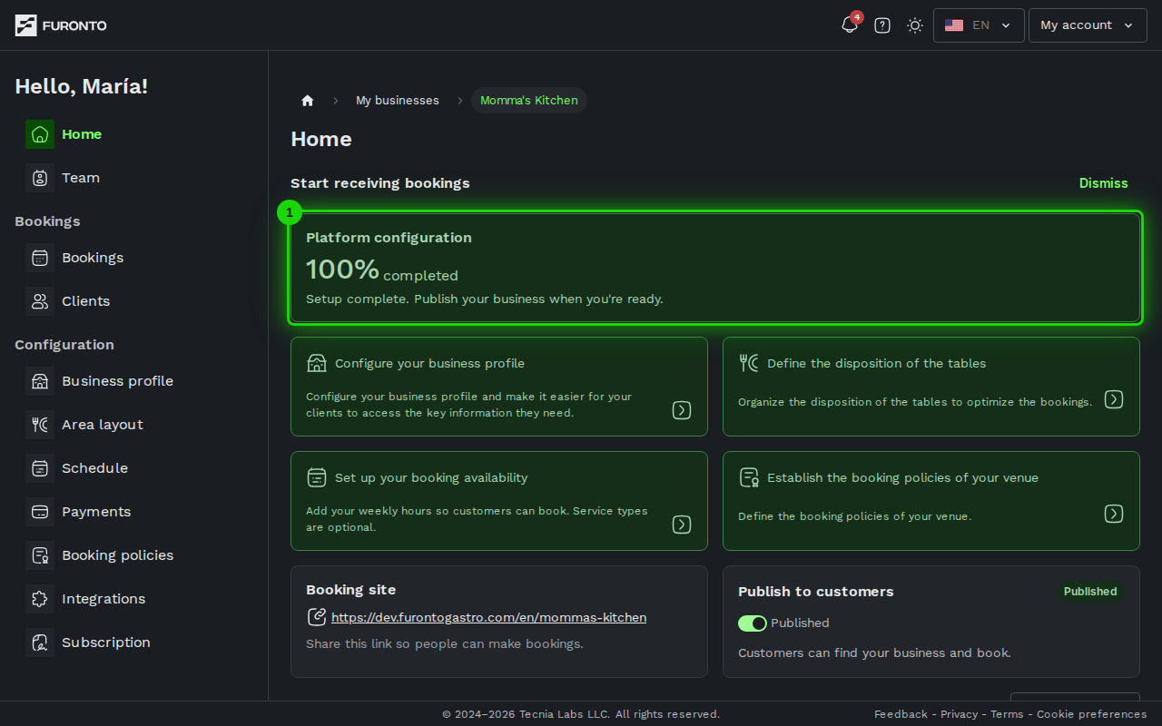 Setup progress with the four setup shortcuts below it