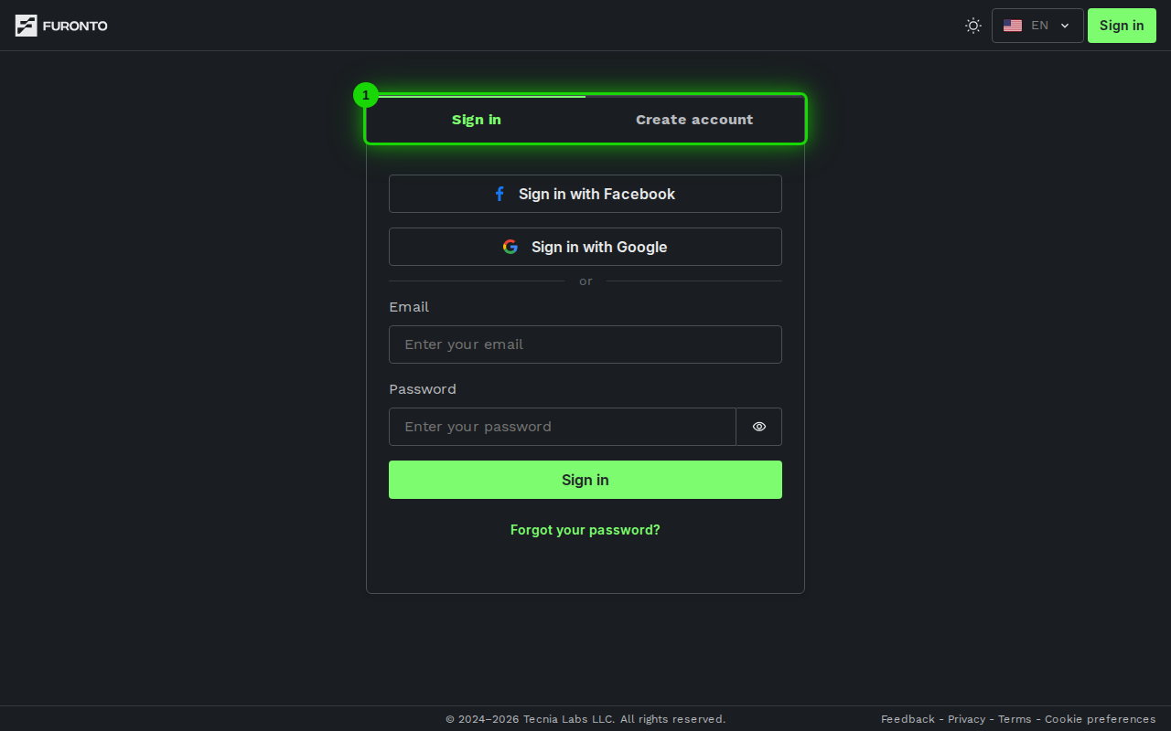 Sign in and Create account tabs