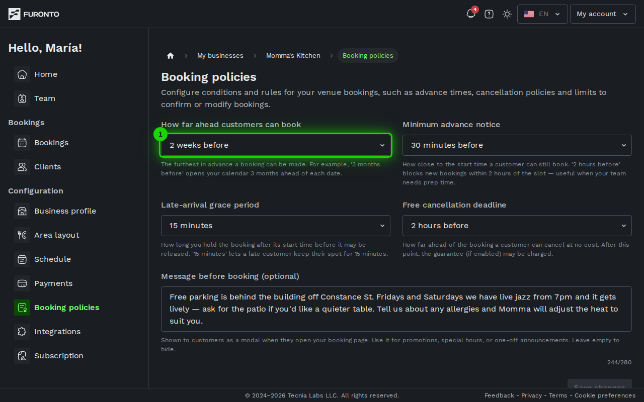 Time limit to receive bookings dropdown highlighted