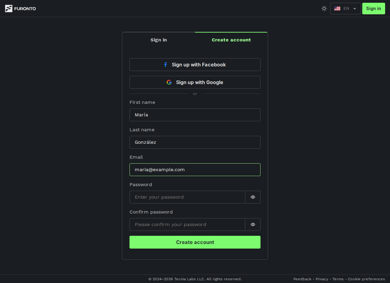 Sign-up form filled in