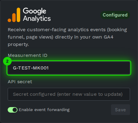 Google Analytics 4 card with the measurement ID field highlighted