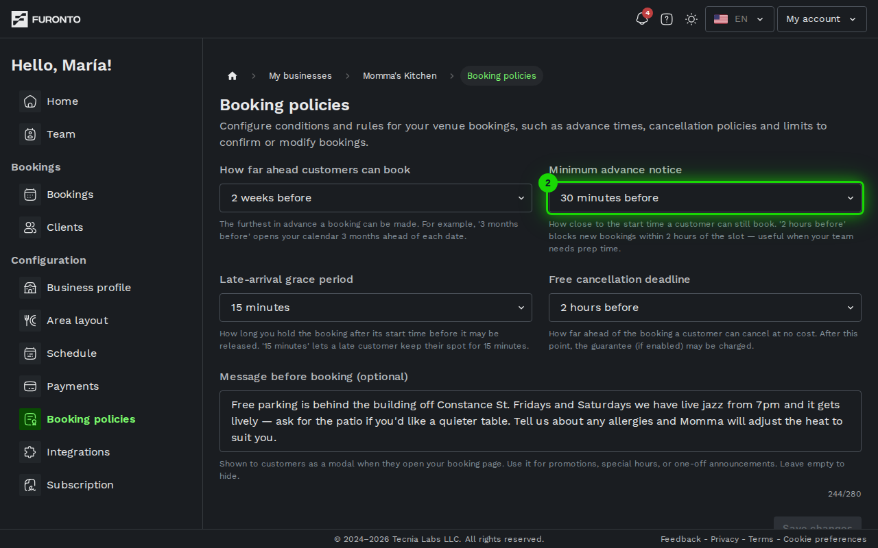 Minimum advance notice dropdown highlighted