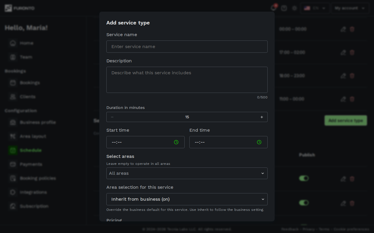 Add service type modal with fields filled in