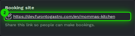 Booking site card with the copy-link button highlighted