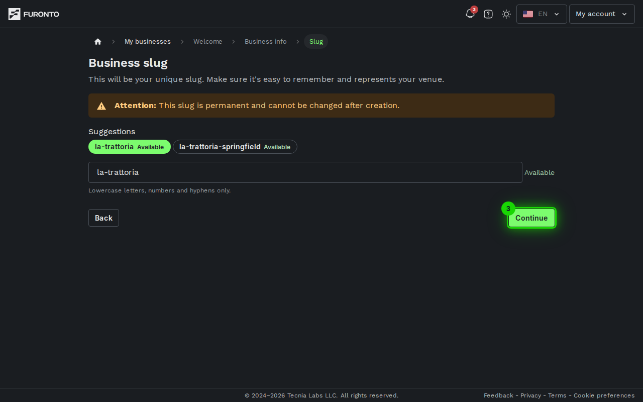 Continue button activated when slug is available