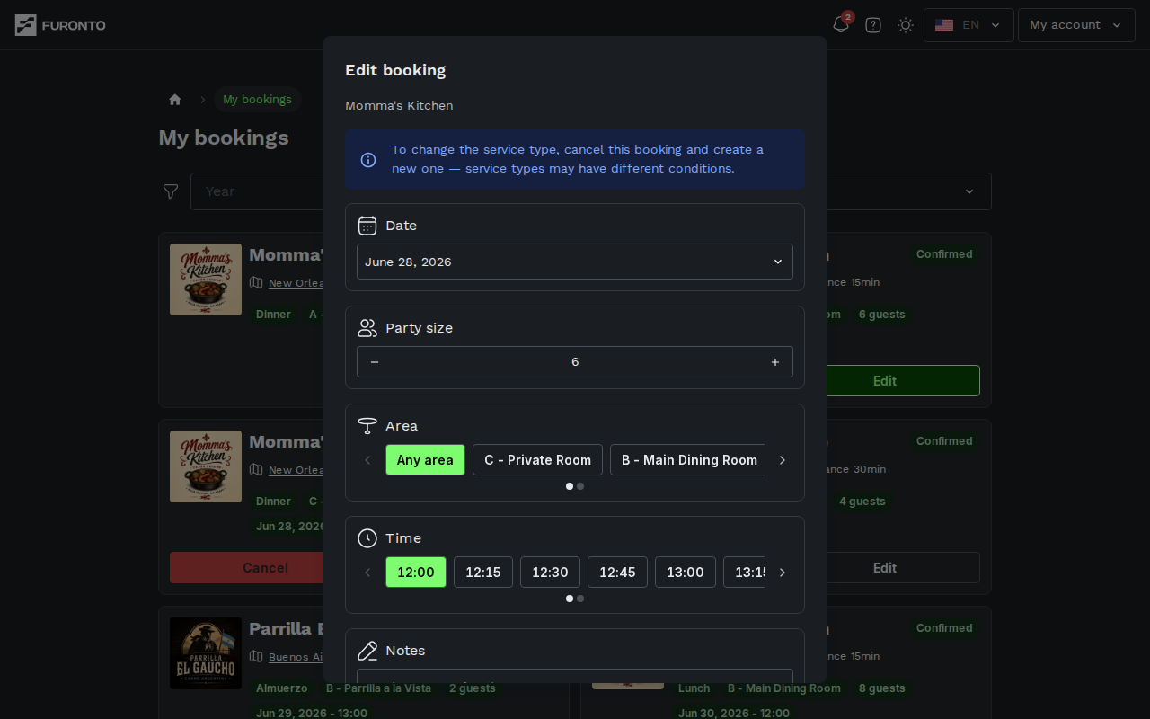 Edit booking dialog open