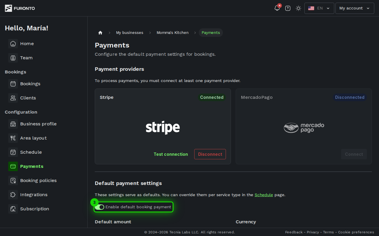 Enable default booking payment switch