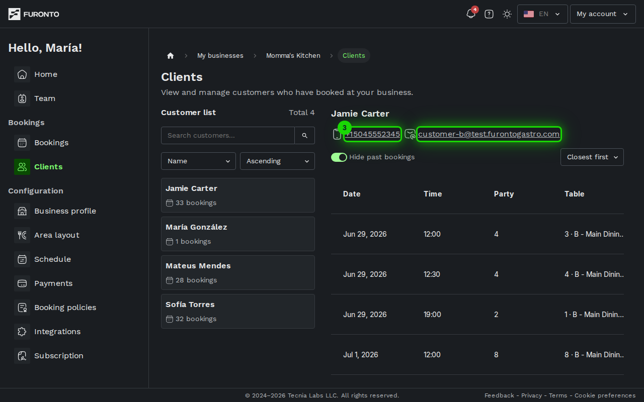 Customer profile with contact info