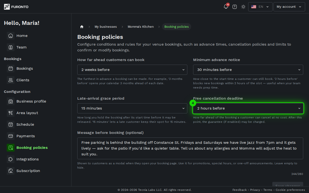 Cancellation window dropdown highlighted