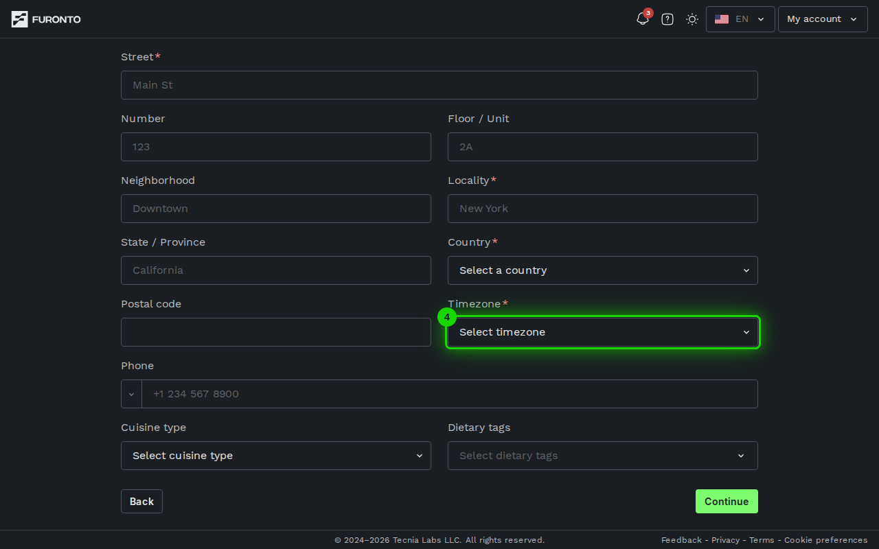 Website, timezone, and phone fields