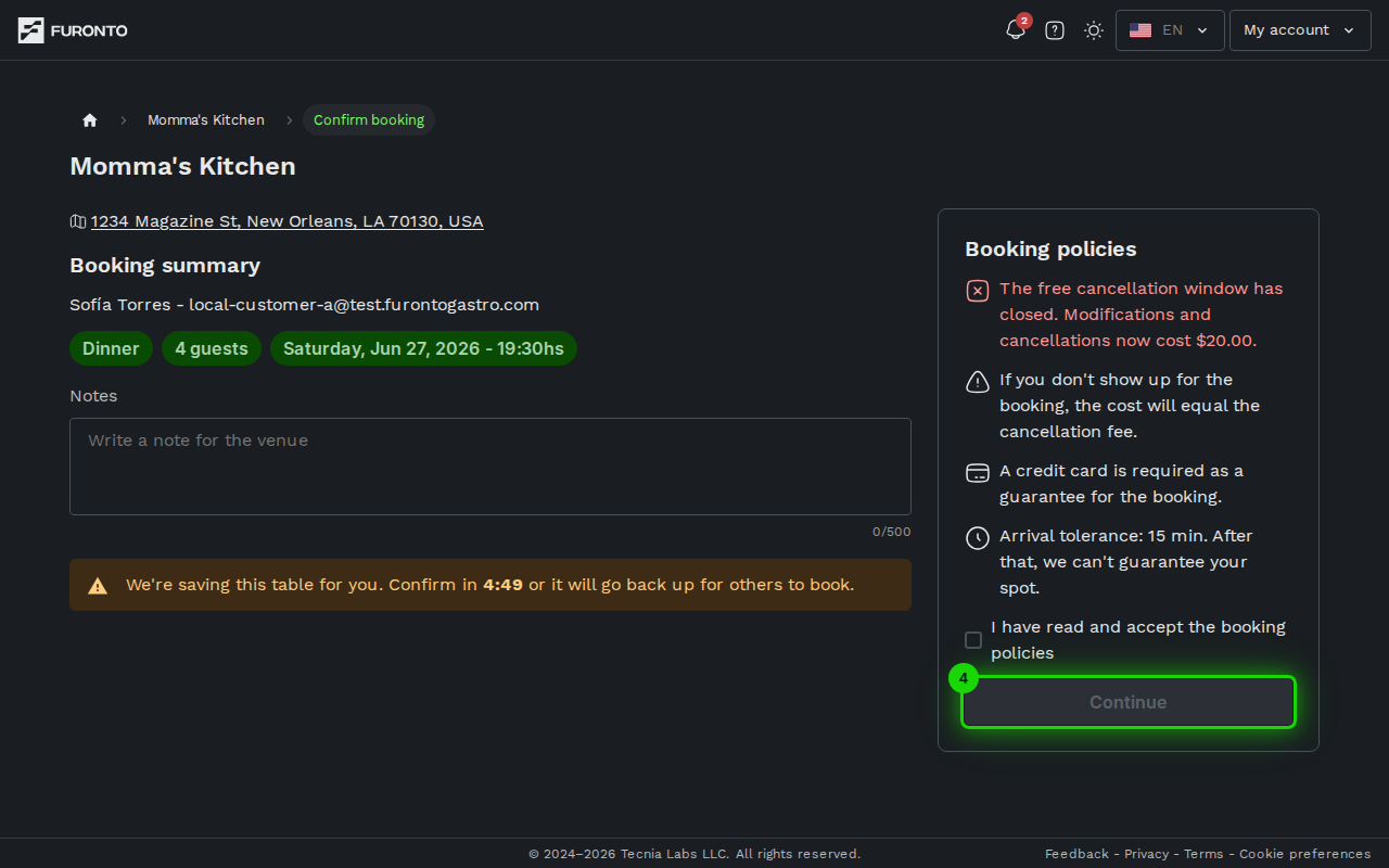 Accept policies checkbox and primary button at the bottom of the card