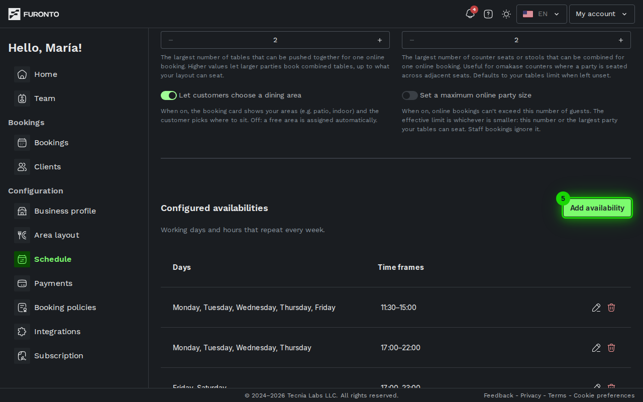 Schedule availability section with add availability button