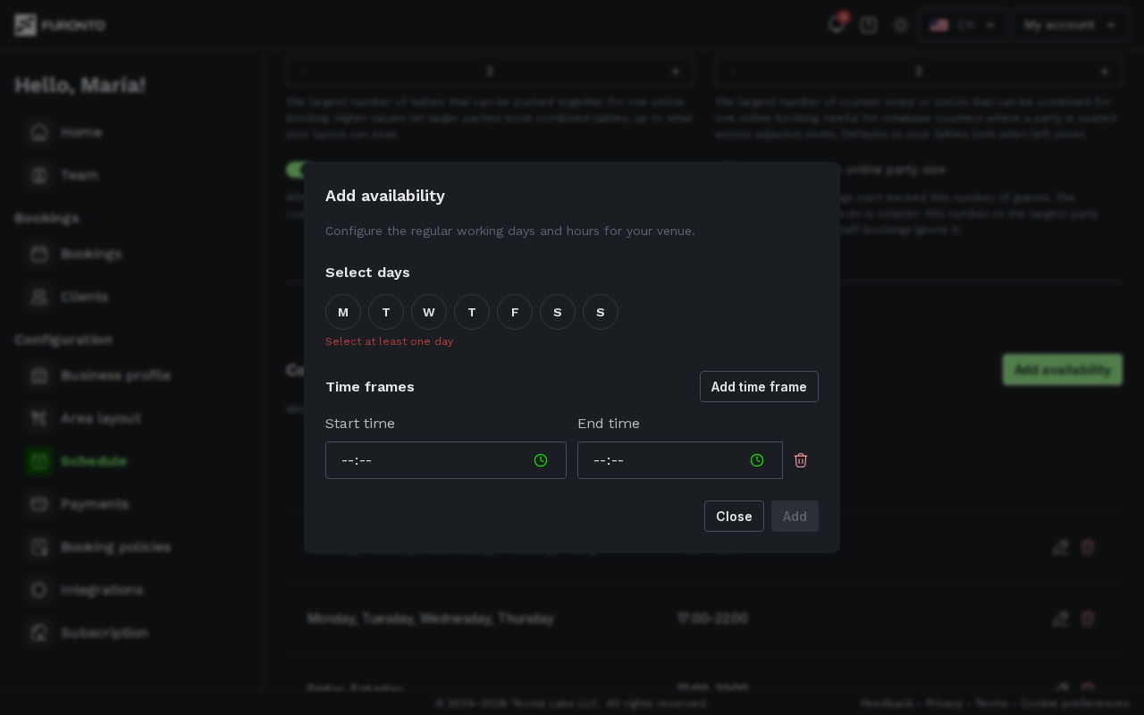 Add availability modal with days and hours