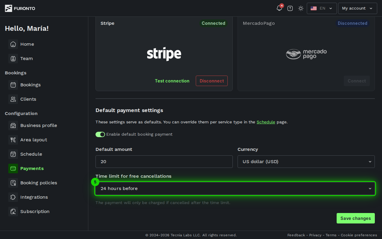 Free cancellation time limit dropdown