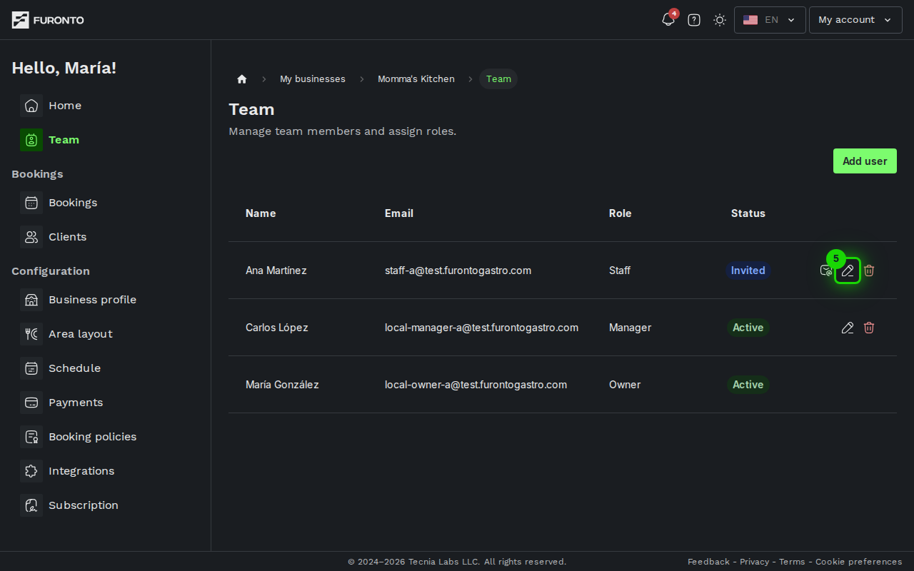 Edit icon highlighted on a team member row