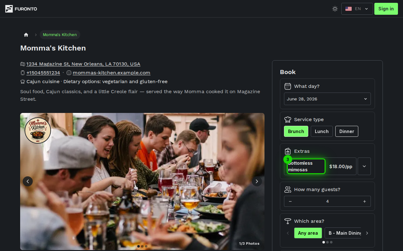 Menu group with quantity steppers and extras