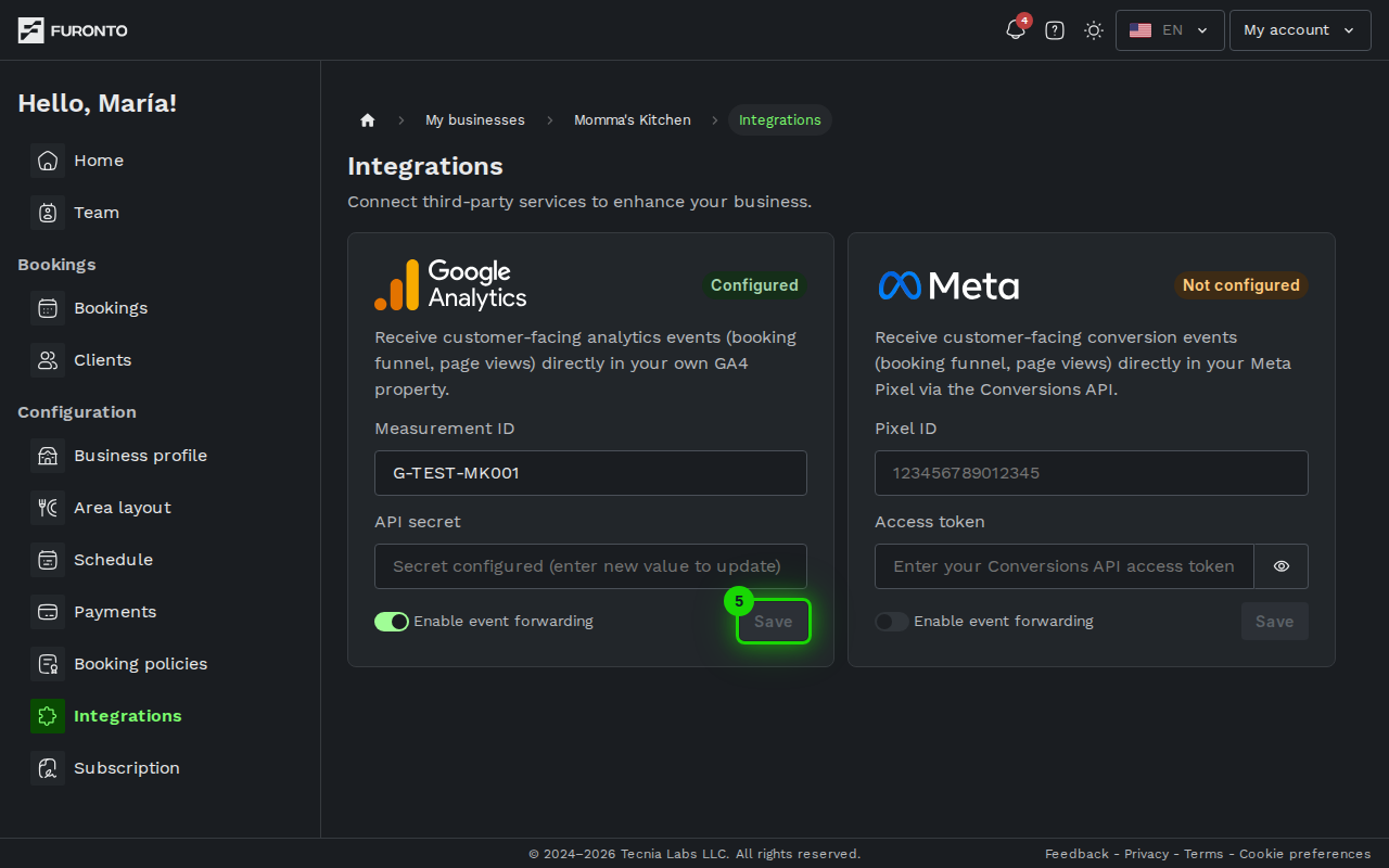 Save button on the integration card