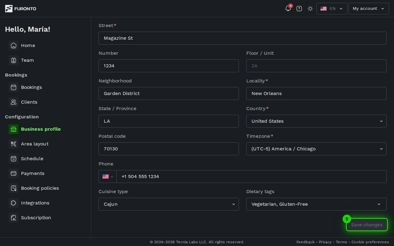 Save changes button at the bottom of the form