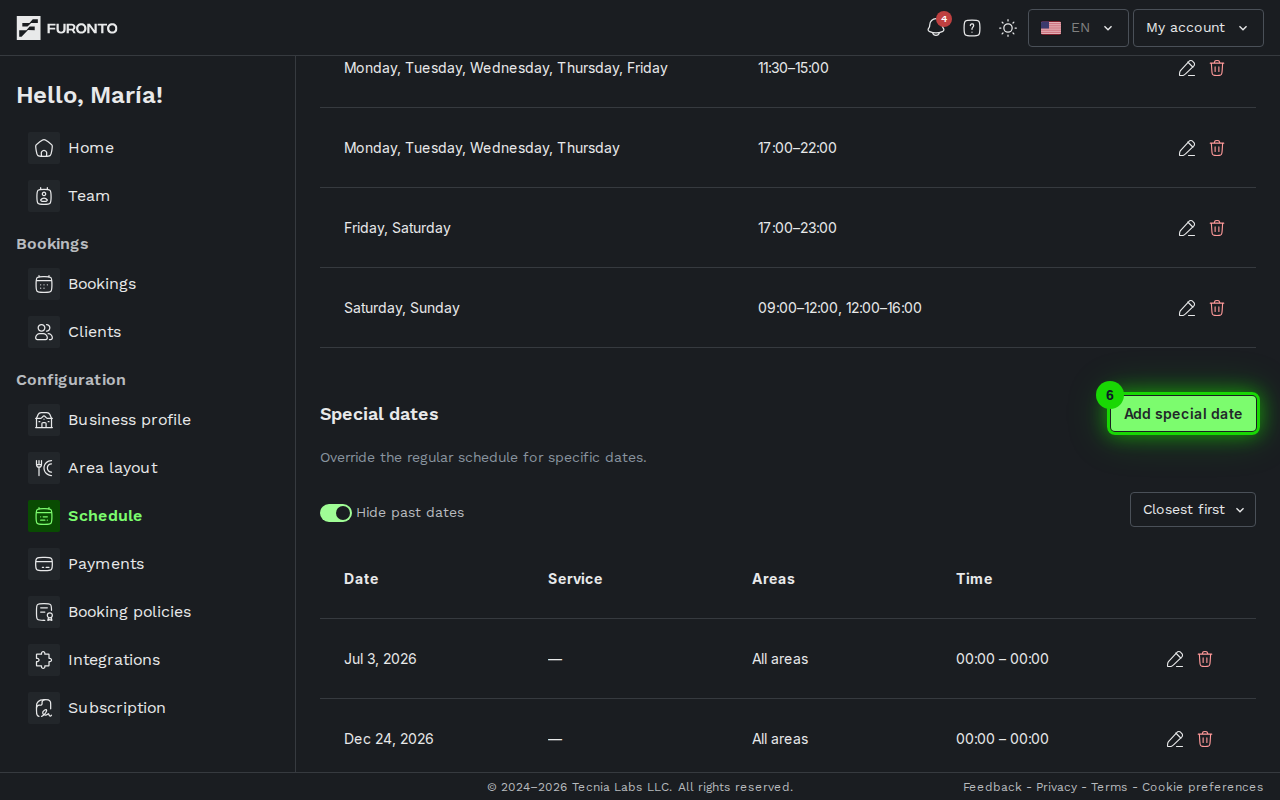 Schedule section with special date button