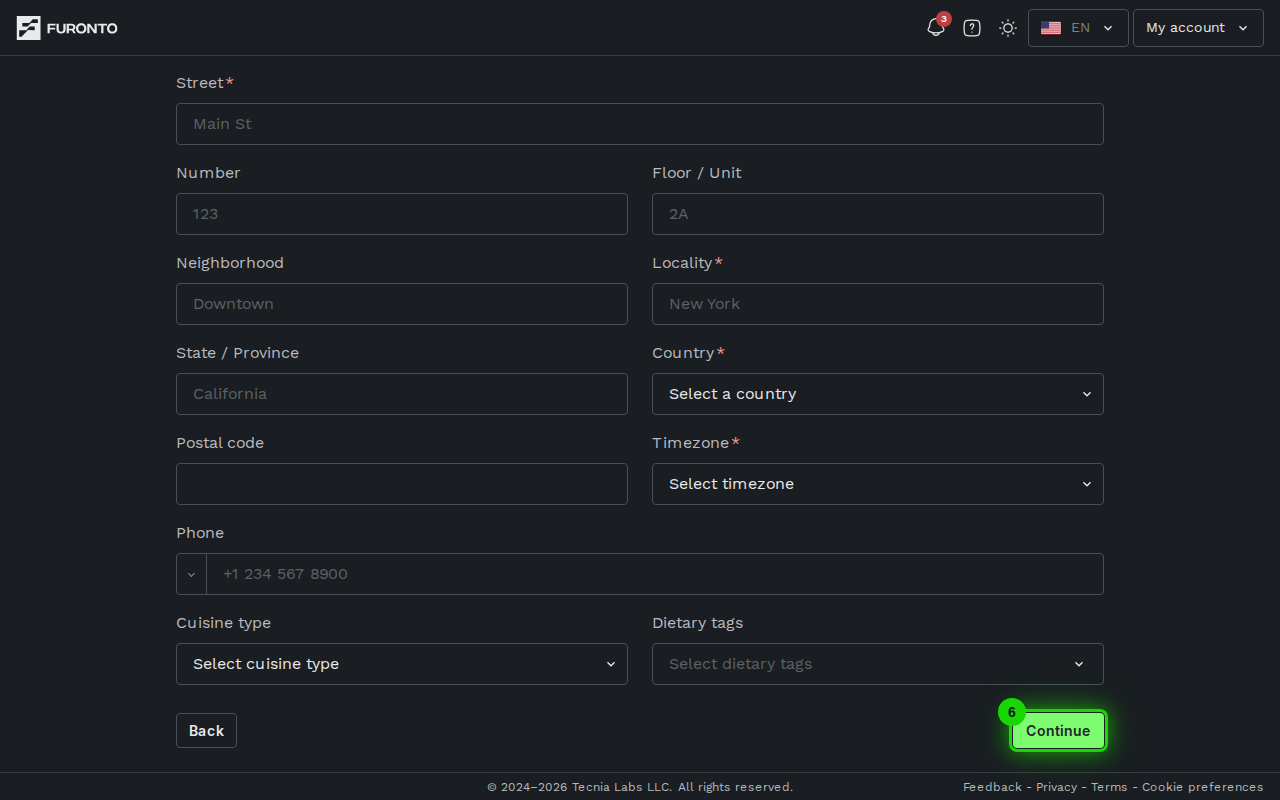 Continue button at the bottom of the form