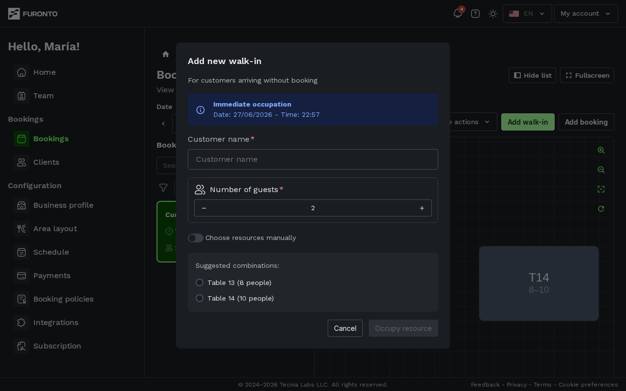 Add walk-in modal open