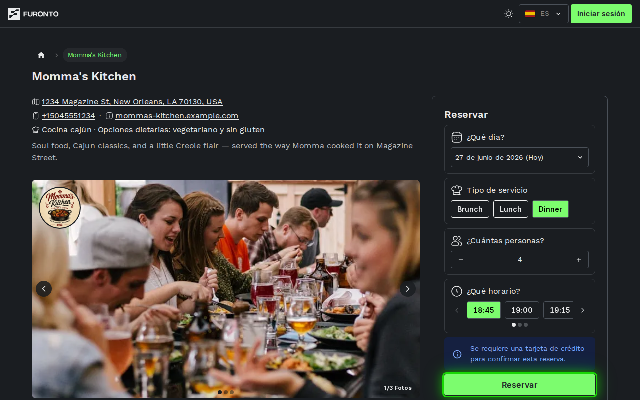 Perfil del local con la tarjeta de reserva a la derecha