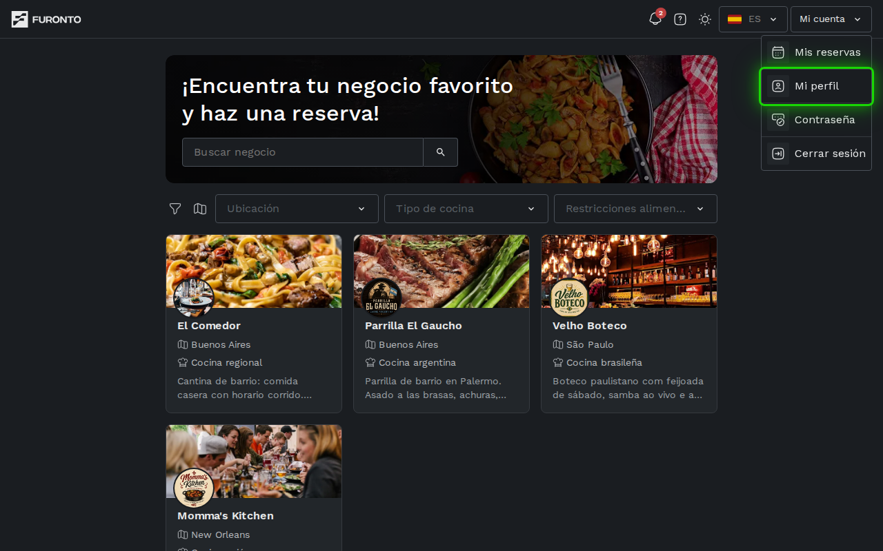 Menú Mi cuenta con la opción Mi perfil