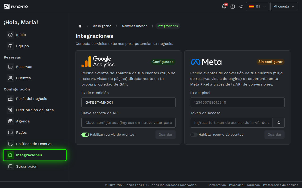 Barra lateral con la opción de integraciones resaltada