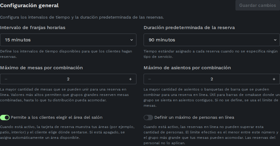 Seccion de configuracion general con intervalo y duracion