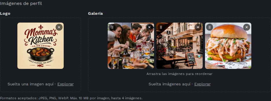 Sección de imágenes de perfil con logo y galería