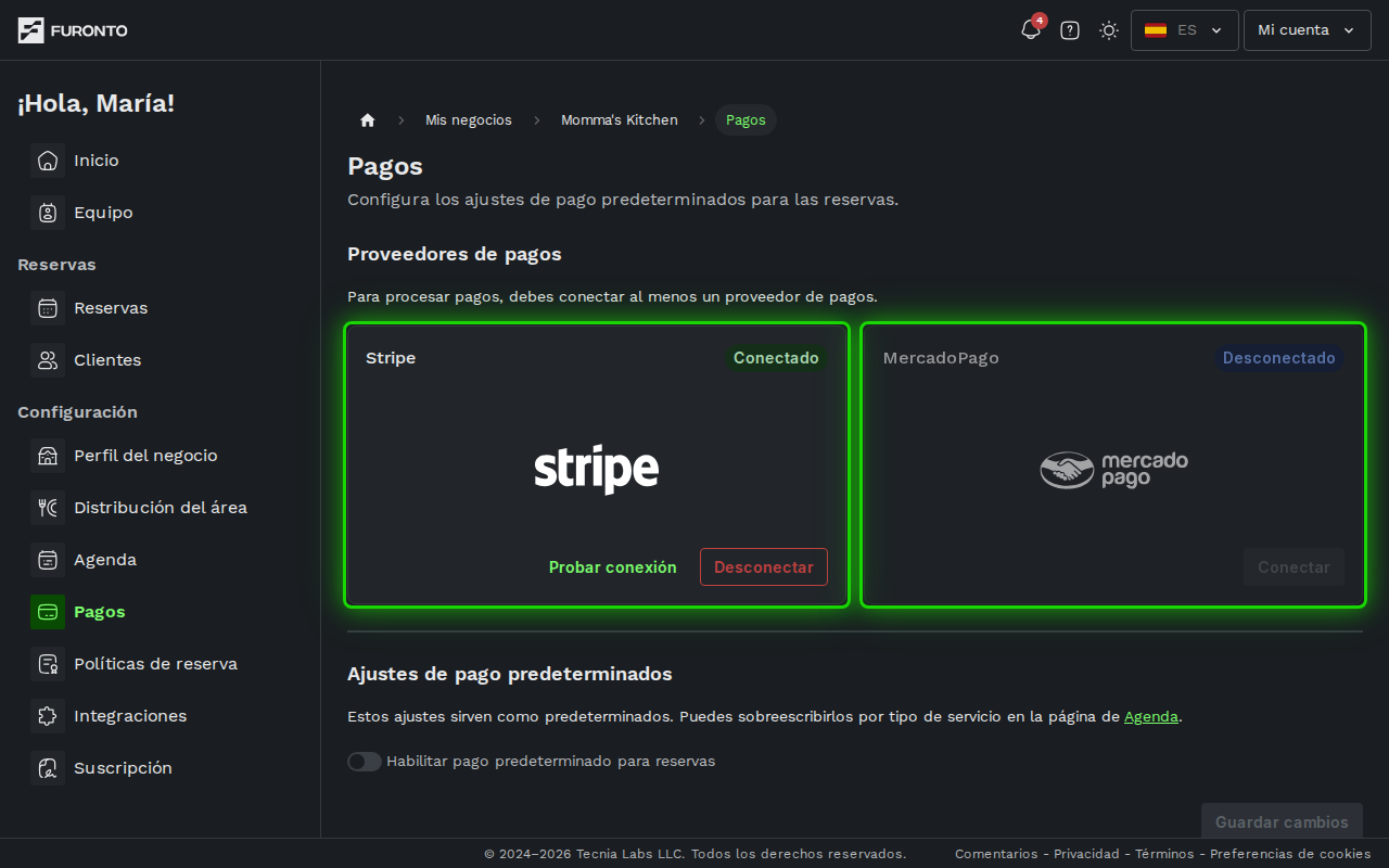 Tarjetas de proveedor de pagos con las opciones Stripe y Mercado Pago