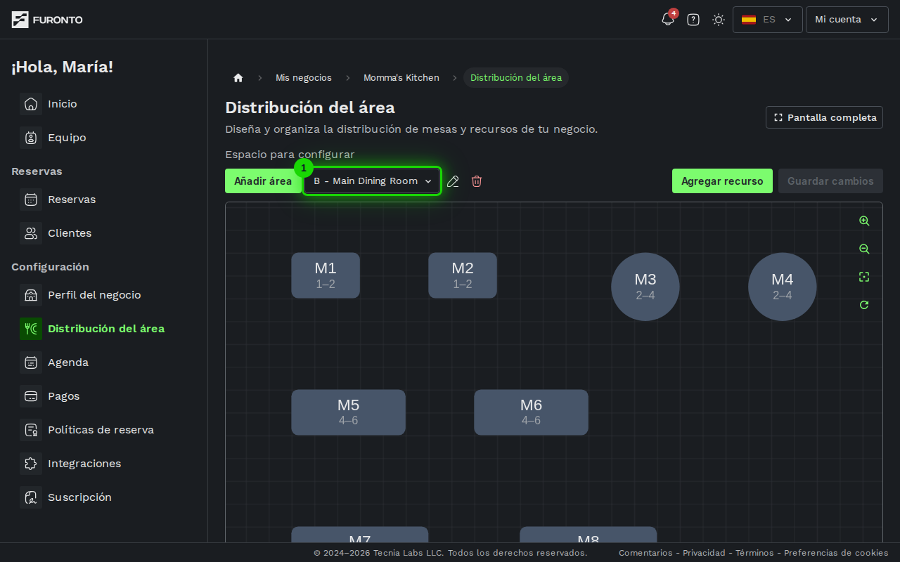 Menú selector de áreas con las opciones visibles