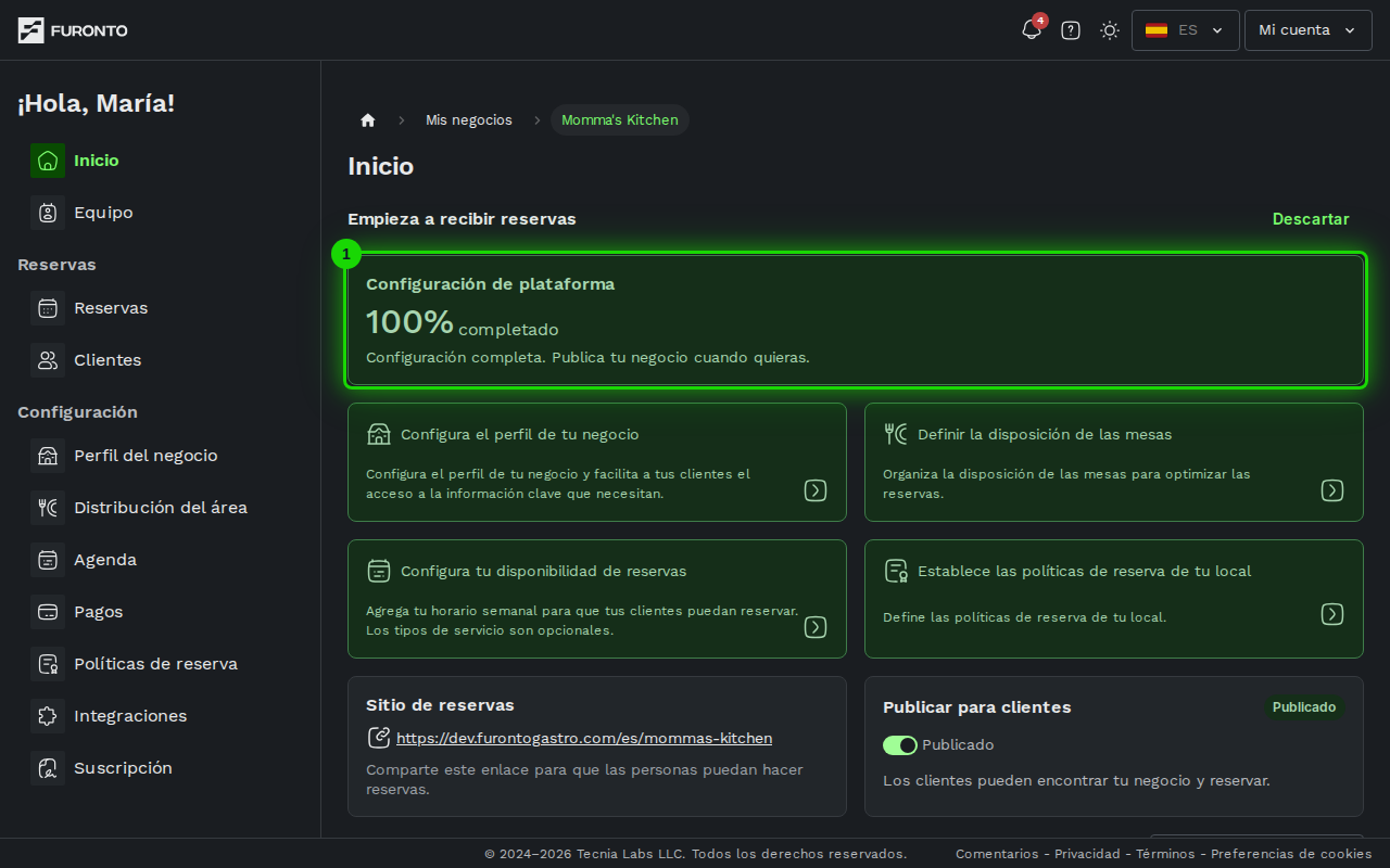 Progreso de configuración con los cuatro atajos debajo