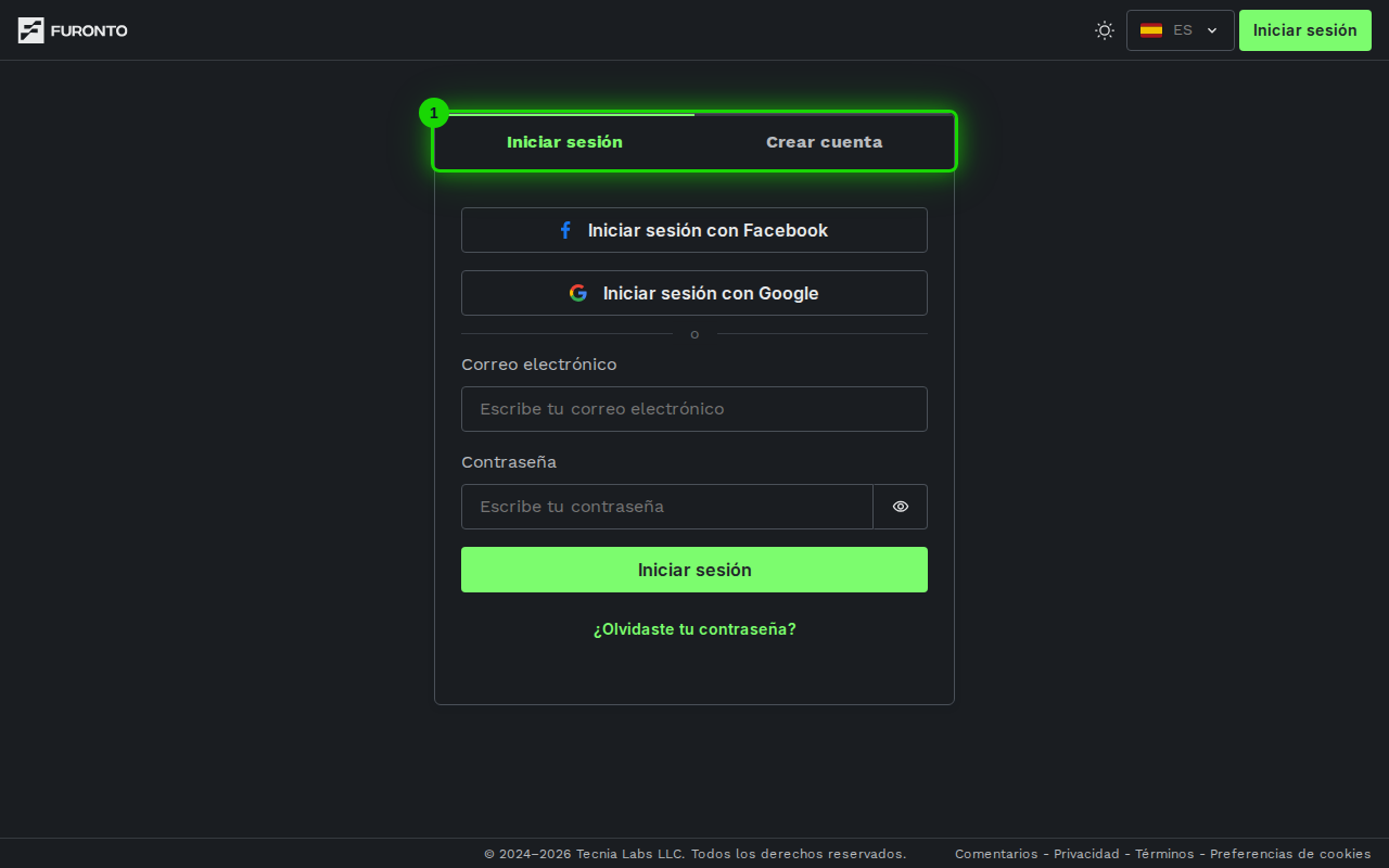 Pestañas Iniciar sesión y Crear cuenta