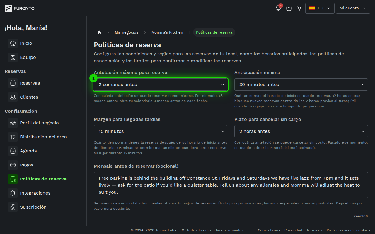 Menú de límite de tiempo para recibir reservas resaltado