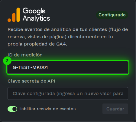 Tarjeta de Google Analytics 4 con el campo de ID de medición resaltado