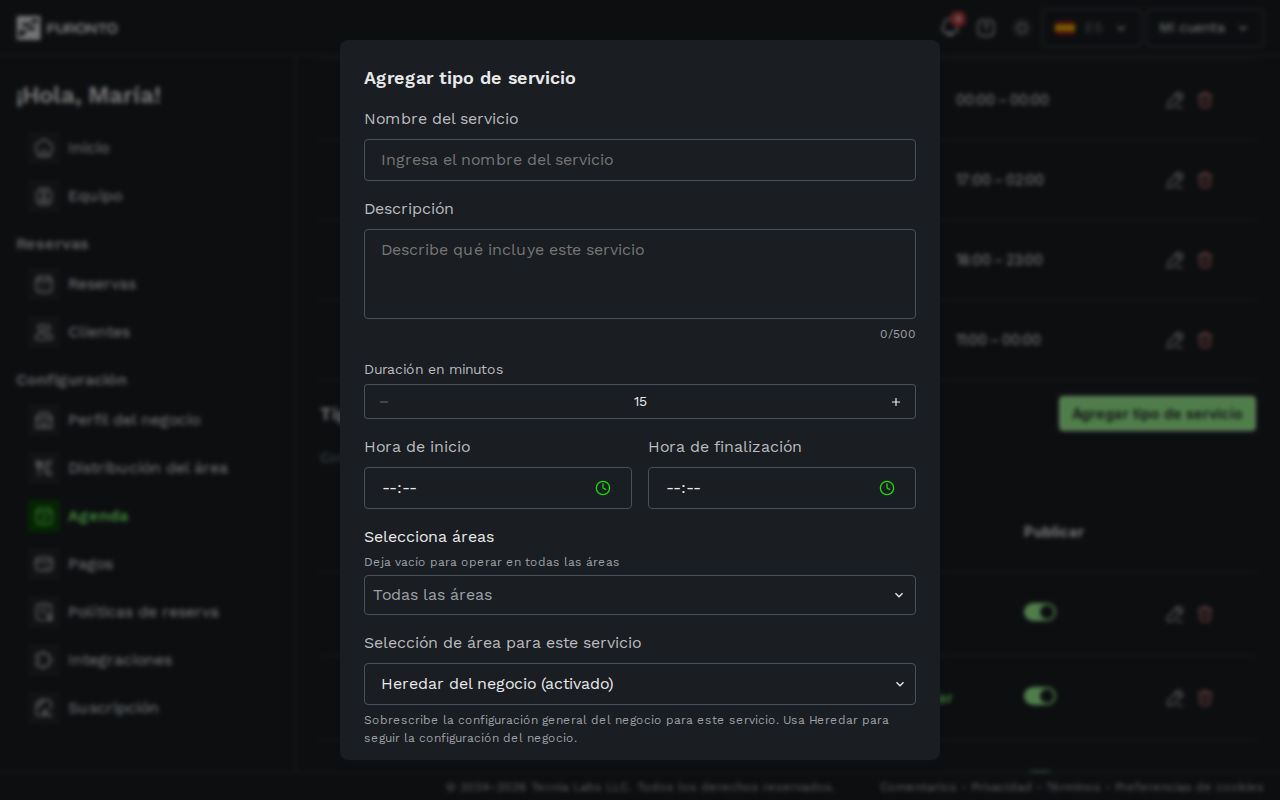Modal de agregar tipo de servicio con los campos completados