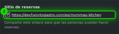 Tarjeta de sitio de reservas con el botón para copiar resaltado